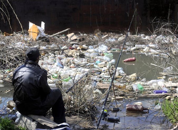 Plastic pollution in an aquatic system.