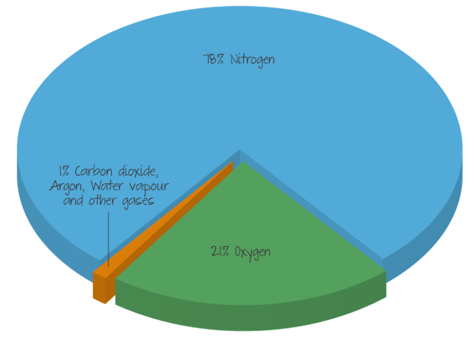 Main gases present in the atmosphere by volume.