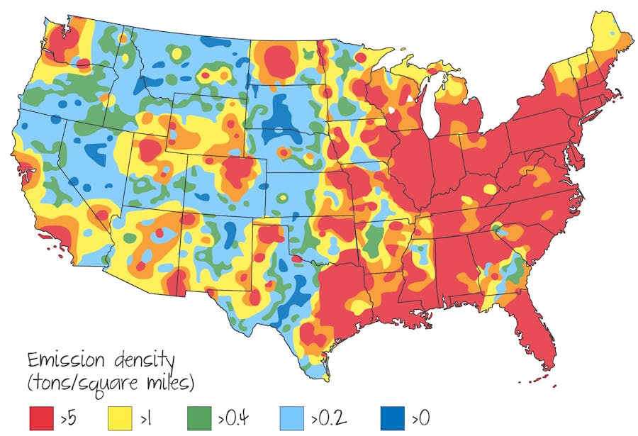 Sulphur dioxide levels in the USA are concentrated around urban areas. 