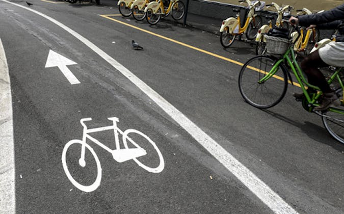 Cycle lane next to cycle rental stop