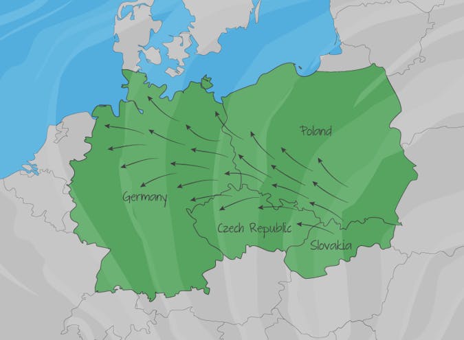 Westerly winds transported pollutants from Poland, Czech Republic and Slovakia into Germany that contributed to acid deposition. 