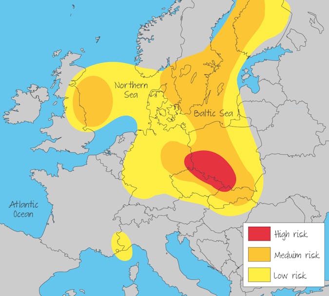 Risk of acid deposition in Europe.