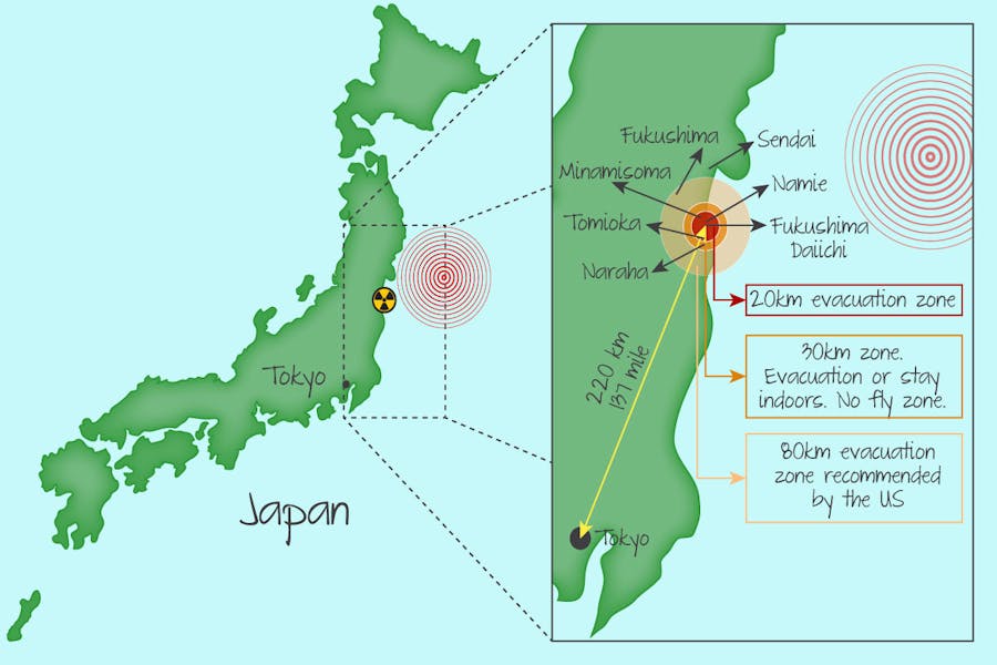 Location of Fukushima Daiichi, evacuation zone and the eipicentre of Tōhuku earthquake responsible for the tsunami.