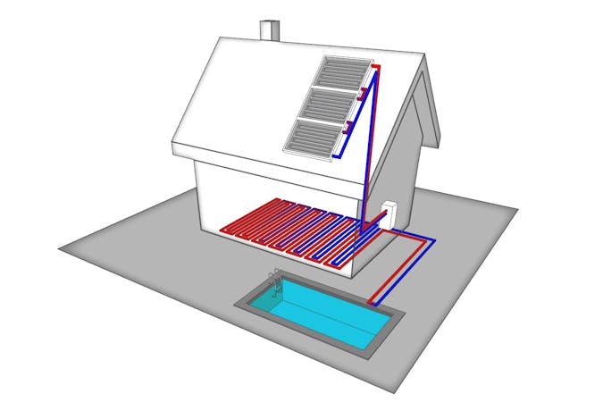 Use of solar panels to heat the building (underfloor heating) and swimming pool.