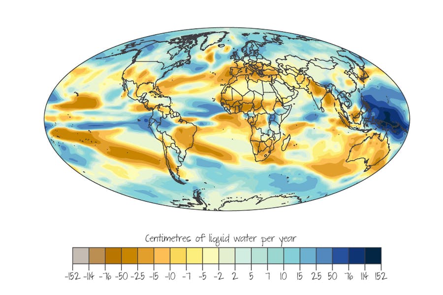 Predicted change in precipitation by the end of the 21st century.