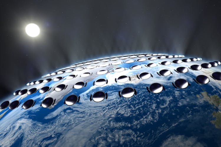 Artist impression of potential reflectors in space used to deflect solar radiation from the sun.